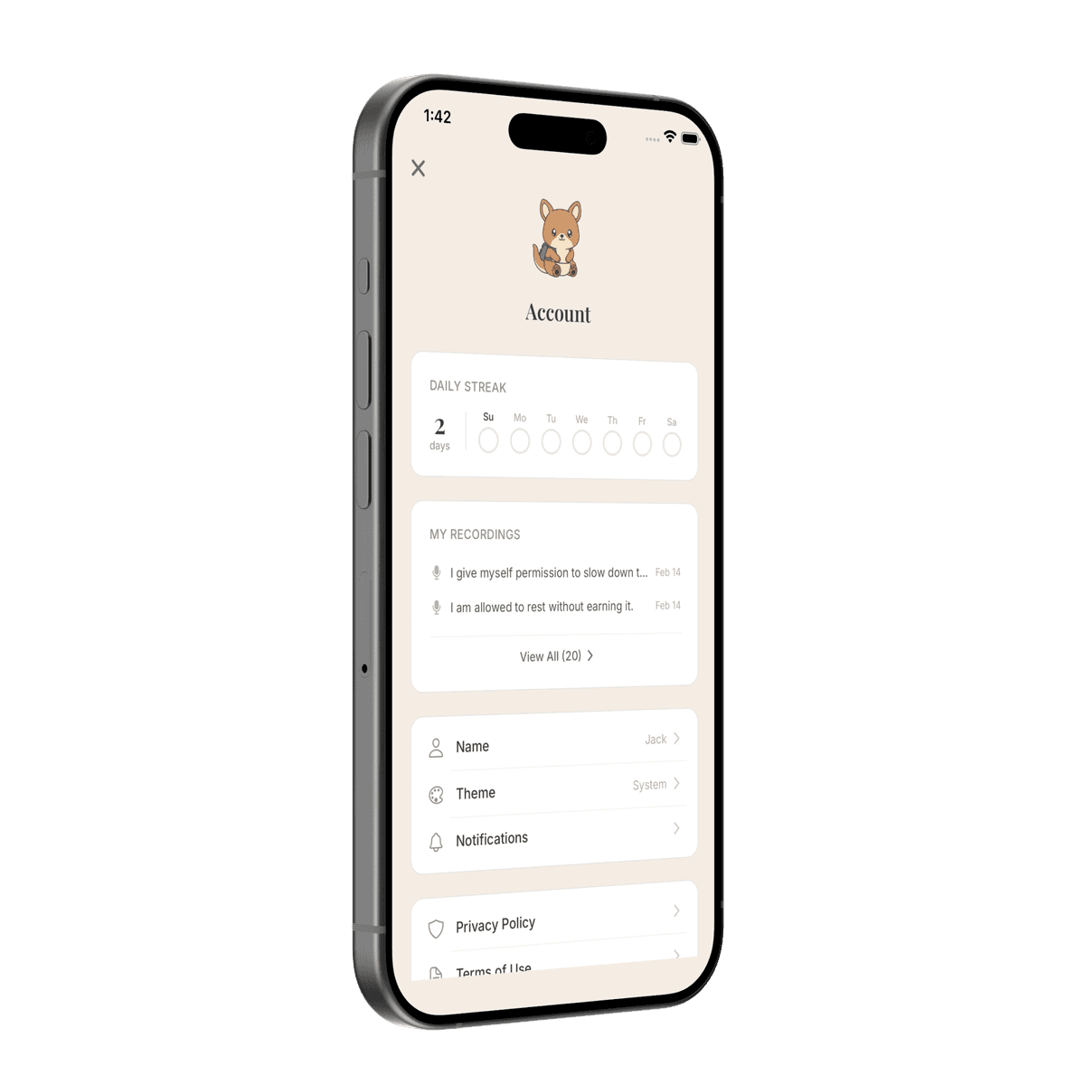 Joey account screen showing daily streak tracker with week view and saved voice recordings