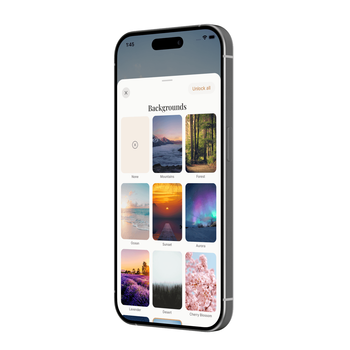 Joey background picker showing nature backgrounds — mountains, forest, ocean, sunset, aurora, lavender, desert, and cherry blossom