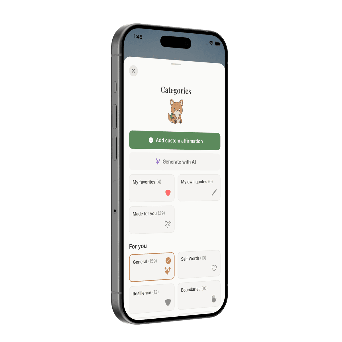 Joey categories screen showing affirmation categories like General, Self Worth, Resilience, and Boundaries with Joey mascot